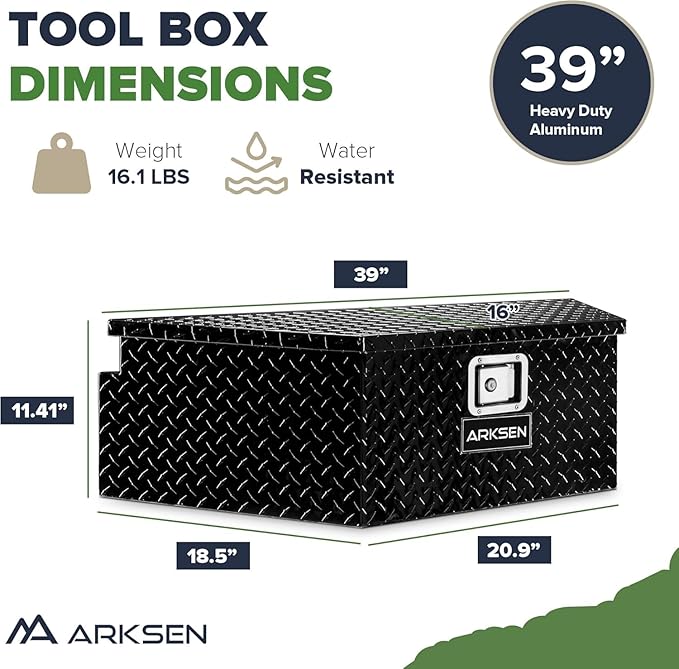 ARKSEN 39 Inch Aluminum Diamond Plate Trailer Tongue Box,Waterproof Under Truck Tool Box for Pick Up Truck Bed, RV Trailer, ATV with Lock and Keys - Black