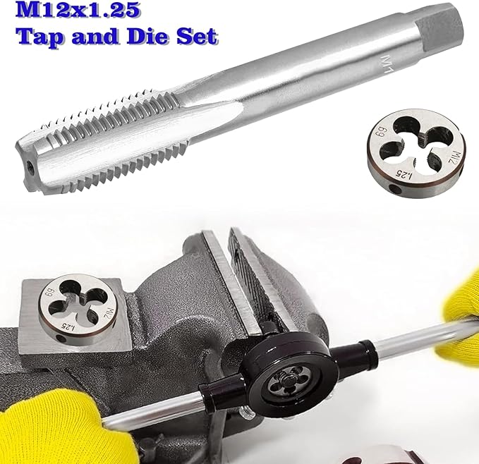 M12 x 1.25 Metric Thread Tap and Die Set, M12 x 1.25mm High-Speed Steel Machine Tap and Die Set, Right Hand Thread Tap and Round Thread Die