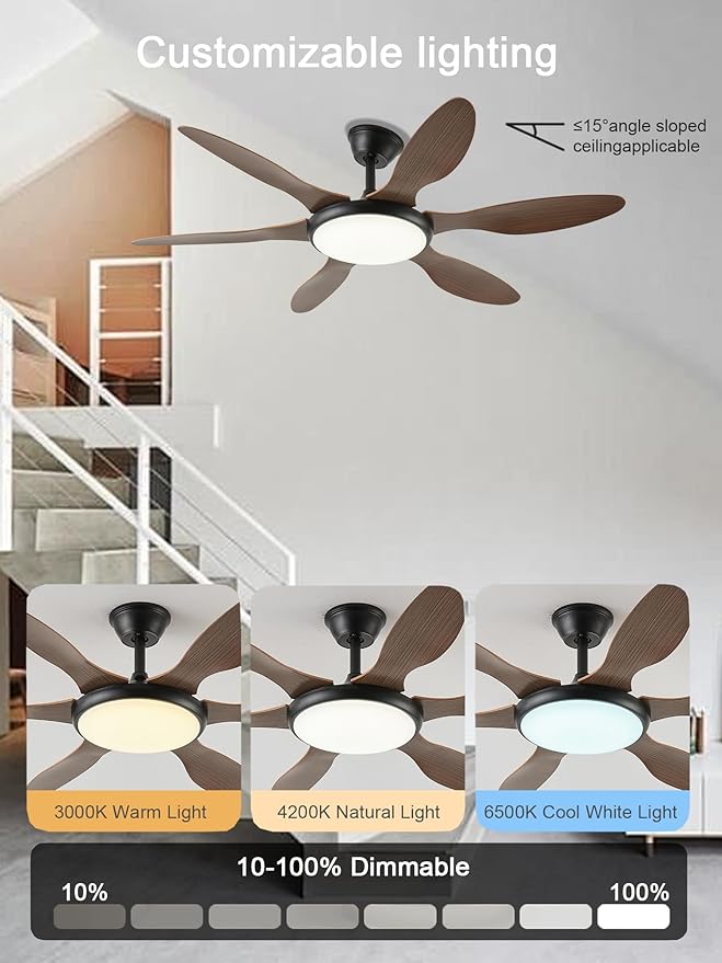 51 Inch Ceiling Fans with Lights, Downrod Ceiling Fan with Light and Remote, 3CCT, LED Dimmable, Reversible DC Motor, Quiet Brown Ceiling Fans for Bedroom, Living Room, Kitchen, Outdoor Patios