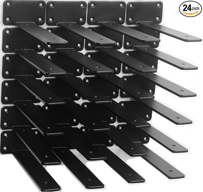 24 Pack - 8 inch Black Hidden L Shelf Bracket (1/5 Inch Thicked) Iron Floating Shelf Brackets Rustic Industrial Metal Brackets for Shelf Support