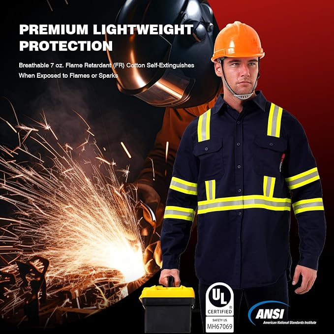 SKSAFETY 7oz FR Shirts for Men, Welding Shirt Hi Vis Flame Resistant 100% Cotton Fire Retardant Longsleeve Shirt CAT2