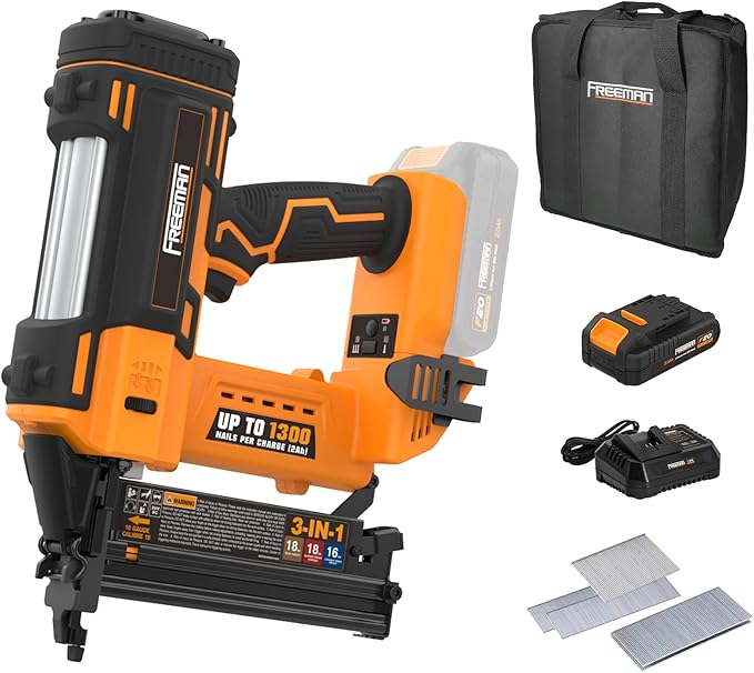 Freeman PE20V31618G 20 Volt Cordless 3-in-1 16 and 18 Gauge Nailer/Stapler Kit with Lithium Ion Battery, Charger, Bag, and Fasteners (600 Count) ??1300 Shots Per Charge