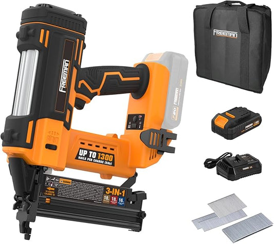 Freeman PE20V31618G 20 Volt Cordless 3-in-1 16 and 18 Gauge Nailer/Stapler Kit with Lithium Ion Battery, Charger, Bag, and Fasteners (600 Count) ??1300 Shots Per Charge
