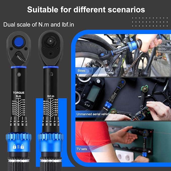 1/4" Drive Small Torque Wrench 1-8 Nm (8.85-70.8 in lb) 짹3% Precision, Dual-Direction 72-Tooth Click Torque Wrench for Bicycle, Electronics, Small Engine Repair, and Delicate Fasteners