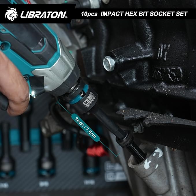LIBRATON Impact Hex Bit Socket Set, 1/2" Dr, S2 Steel, 10PCS High Torque Sockets (SAE 1/4"-3/4") for Professional Mechanics & Automotive Repair (XPE Storage Case)