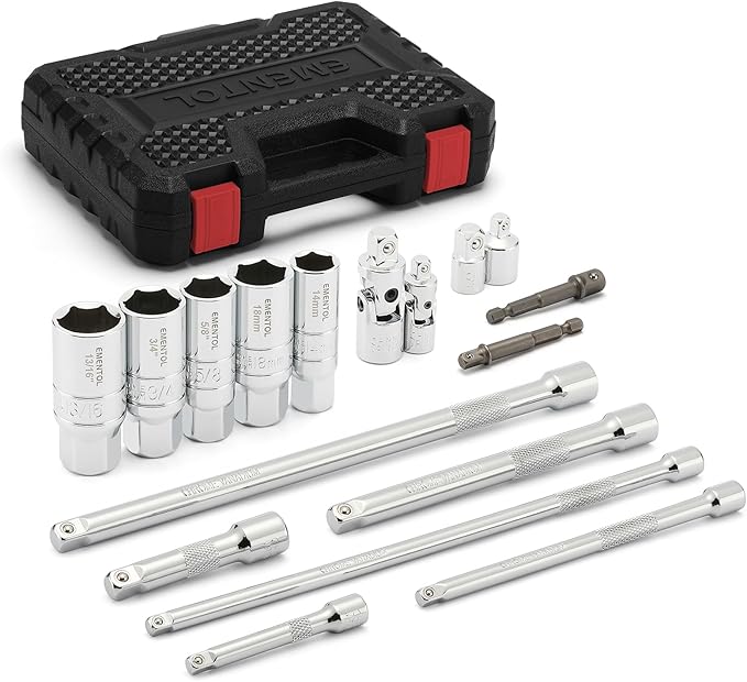 EMENTOL 17PCS 1/4" and 3/8" Drive Socket Accessory Set, with Spark Plug Sockets, Extension Bars, Adaptors, Impact Universal Joint, Professional Drive Socket Accessories