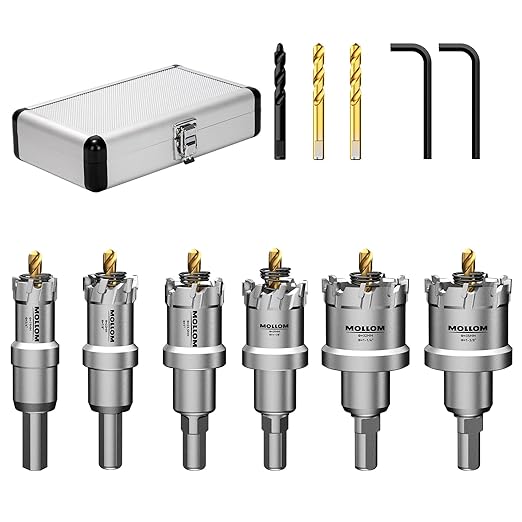 Mollom 6Pcs Hole Saw (19-35mm) TCT Carbide Hole Saw Kit for Hard Metal, Extra 2xTitanium & 1xStepped Pilot Drill bits and 2Pcs Hex Key for Stainless Steel, Iron,Aluminum,Alloy,Metal