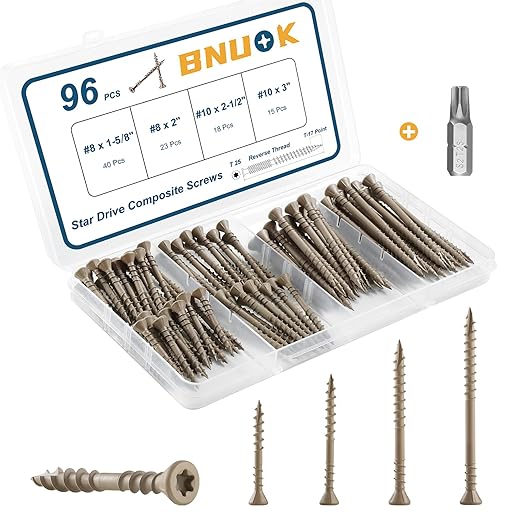 Deck Screws Assortment Kit 96 PCS, Exterior Wood Screws Flat Head Torx Drive Rust Resistant Epoxy Coated Reverse Upper Thread Trim Screw, #8 1-5/8" 2" #10 2-1/2" 3", Tan