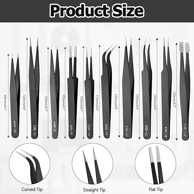 10 PCS Precision ESD Tweezers Set - Anti-Static Stainless Steel Tools Kit for Electronics, Jewelry Repair, Soldering, and Crafting Projects