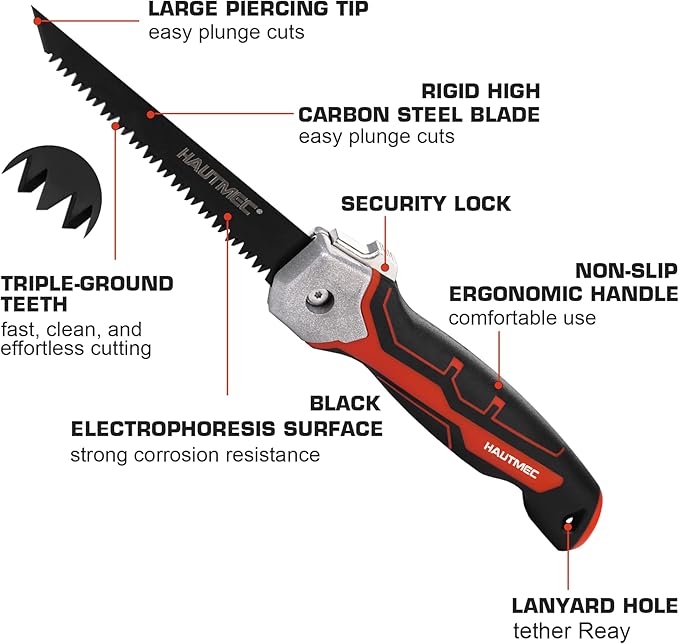 HAUTMEC 5" Folding Drywall Saw/Jab Saw/Keyhole Saw with Carbon Steel Blade, Sheetrock Saw with 7TPI Triple Sharpen Teeth, Compact Design with Holster, for Drywall, Wallboard, Plywood, PVC, HT0415