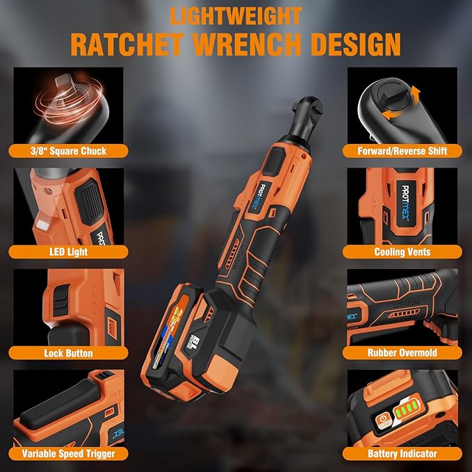 Protmex 74FT-LBS (100N.m) Cordless Ratchet Wrench, 3/8'' Brushless Electric Ratchet with 21V 2.0Ah Battery, 0-400RPM Chargeable Power Ratchet Tool Kit with Variable Speed Trigger