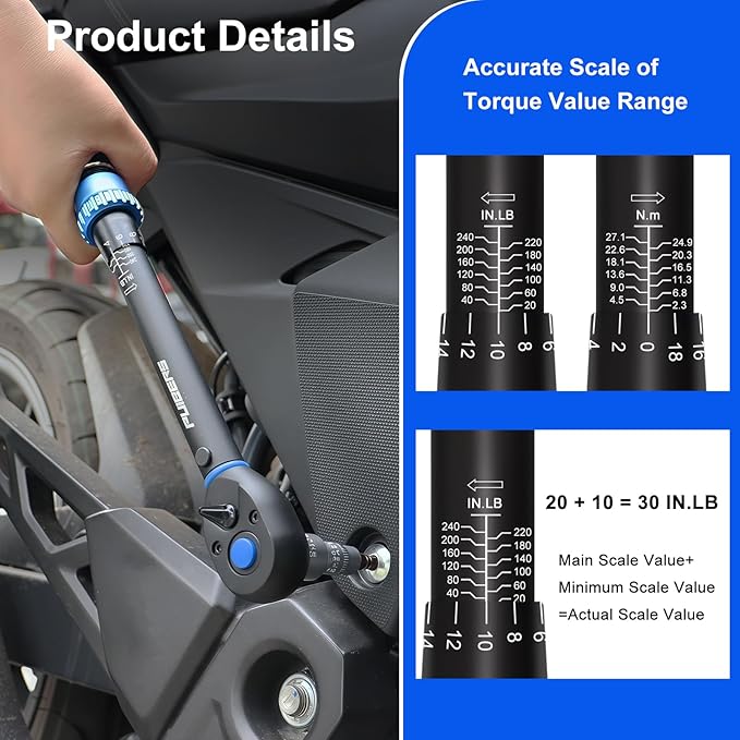 3/8" Drive Inch Pound Torque Wrench 20-240 in.lb, 짹3% Accuracy, Dual-Direction 72-Tooth Small Torque Wrench Set with Extension Bar 3/8" Adapter for Bike Motorcycle Car Maintenance