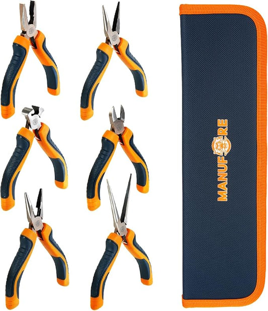 MANUFORE 6-Piece Mini Pliers Set ??Needle Nose, Long Nose, Diagonal, Flat Nose, End Cutting & Linesman Pliers for Precision DIY, Electronics Repair, Jewelry Making & Crafting