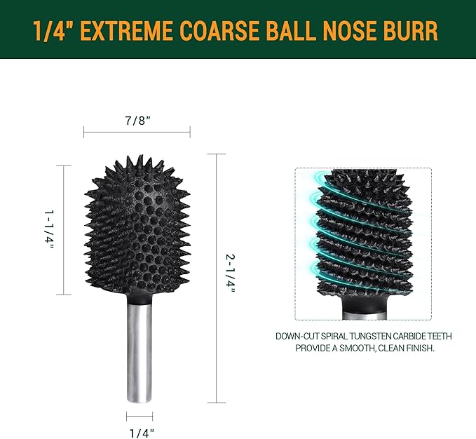 Extreme Coarse Ball Nose Rotary Burr, 1??" Shaft, Wood Rasp Bit for Drill-Bosch,Foredom, DeWalt, Milwaukee Tools- Abrasive Tungsten Carbide