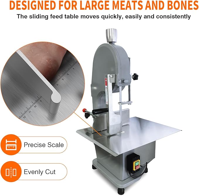 1100W Commercial Electric Meat Bandsaw 110V Electric Bone Saw Machine, Thickness Range 0.16-7.1 Inch, Table Sawing for Cutting Rib, Frozen Meat with 5 Saw Blades and 18.8" x 14.9" Workbench
