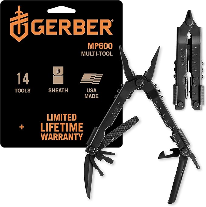 Gerber Gear Multi-Plier 600 - 14-in-1 Multitool with Sheath, Needlenose Pliers, Screwdriver, Serrated Knife, Wire Crimper, Bottle Opener, Can Opener & More - Made in USA - Black with Sheath