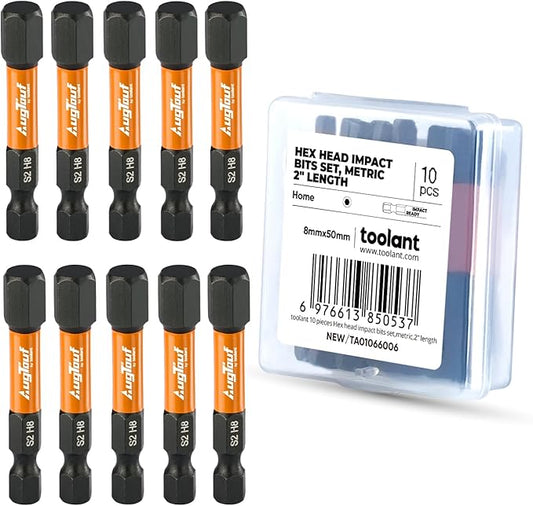 toolant 8mm Impact Hex Bits Set 10pcs, 1/4” Hex-Shank Allen Wrench Drill Bit Set, S2 Steel, CNC Machined Tips with Magnetism, 2” Long with Storage Box