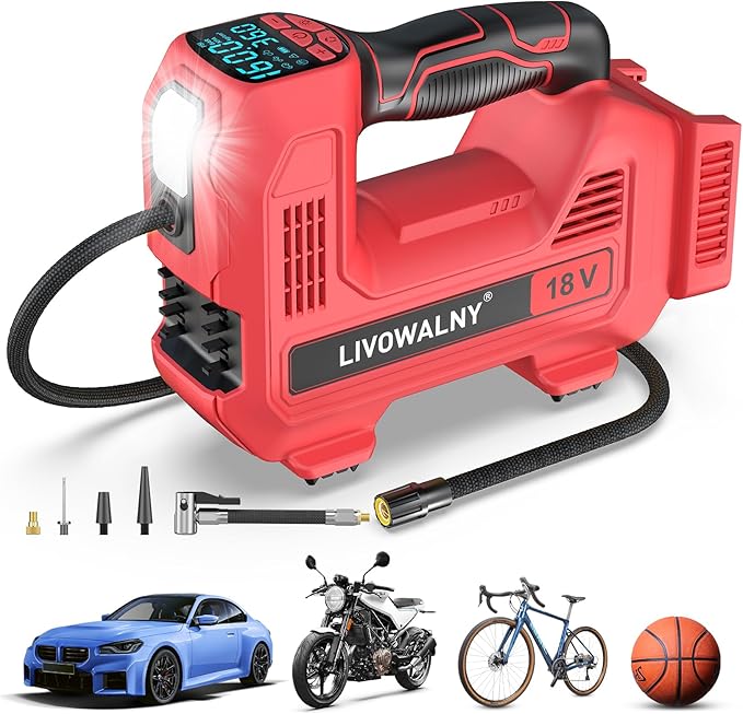Cordless Tire Inflator Portable Air Compressor Tire Air Pump Compatible With Milwaukee 18V Battery- LIVOWALNY 160PSI Auto Pump with Digital Pressure Gauge for Car Tires, Bicycle, Balloons (No Battery)