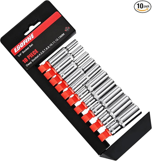 Egofine 10PCS 1/4??Drive Deep Socket Set,Metric Socket Set竊?-13mm,6 Point Socket Set With Hanging Bracket,Cr-V Steel