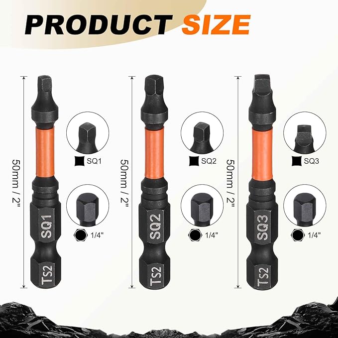 HARFINGTON 3pcs Square Head Screwdriver Bits 1/4" Hex Shank SQ1/SQ2/SQ3 Magnetic Head 2" Length S2 Steel Screw Driver Drill Bit for Repair Work Electric Screw Driver