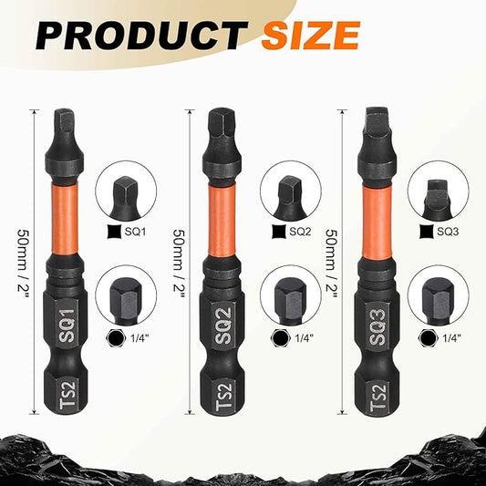 HARFINGTON 3pcs Square Head Screwdriver Bits 1/4" Hex Shank SQ1/SQ2/SQ3 Magnetic Head 2" Length S2 Steel Screw Driver Drill Bit for Repair Work Electric Screw Driver
