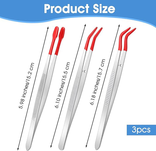 3 PCS Tweezers with Rubber Tips Set, Long Tweezers for Crafts, Crafting Tweezer for Jewelry, Sewing, Electronics, Stamps, Coins, Beads, PVC Coated, Bent & Straight Tips