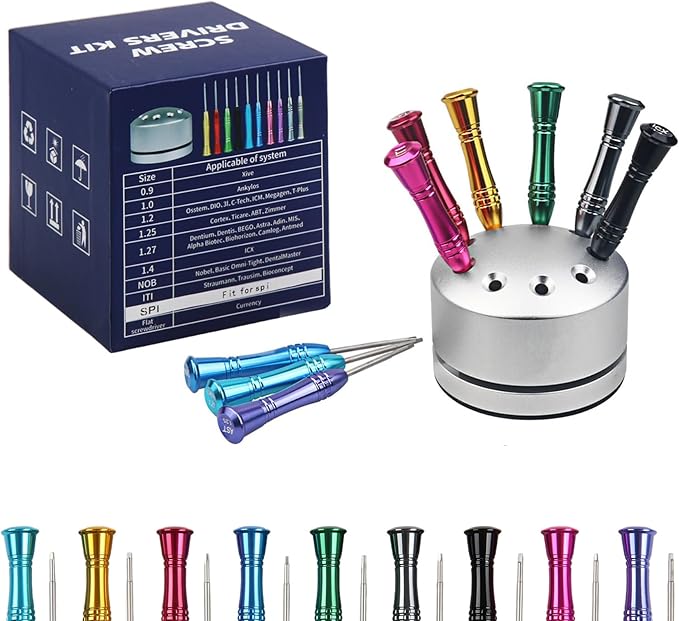 Dental Implant Screw Driver Universal Kit Tool Dentistry Implant Repair Stainless Steal Base Orthodontic Dentistry Tool with 9 Pcs（Slivery）