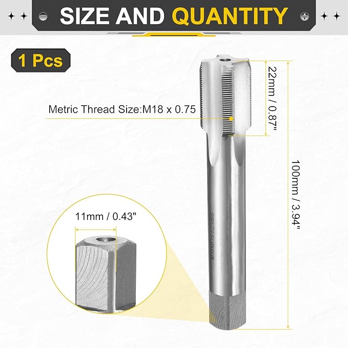 uxcell Hand Plug Tap M18 x 0.75 H2 Metric Thread Plug Style Taps Straight Flute Screw Tapping Threading Tool High Speed Steel HSS6542