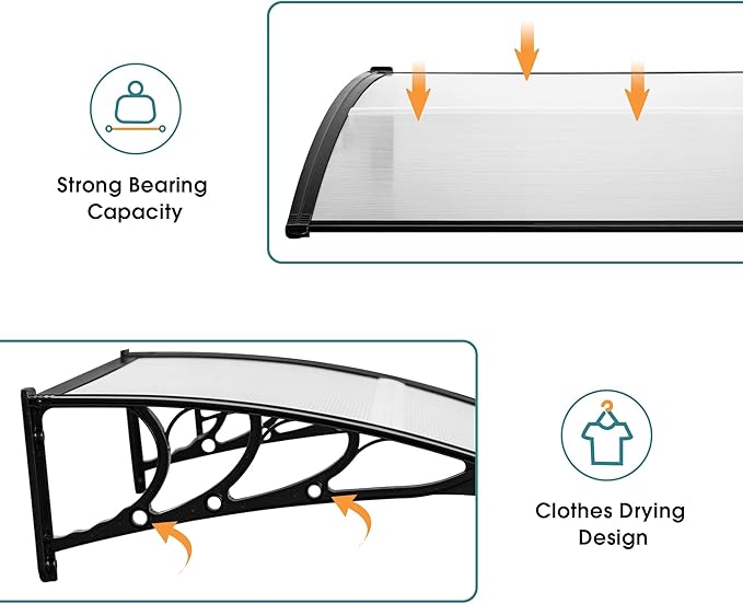 MCombo 39" x 38.6" Window Awning Outdoor Polycarbonate Hollow Sheet Door Patio Canopy, 6055-4040(Glear Board with Black Bracket)