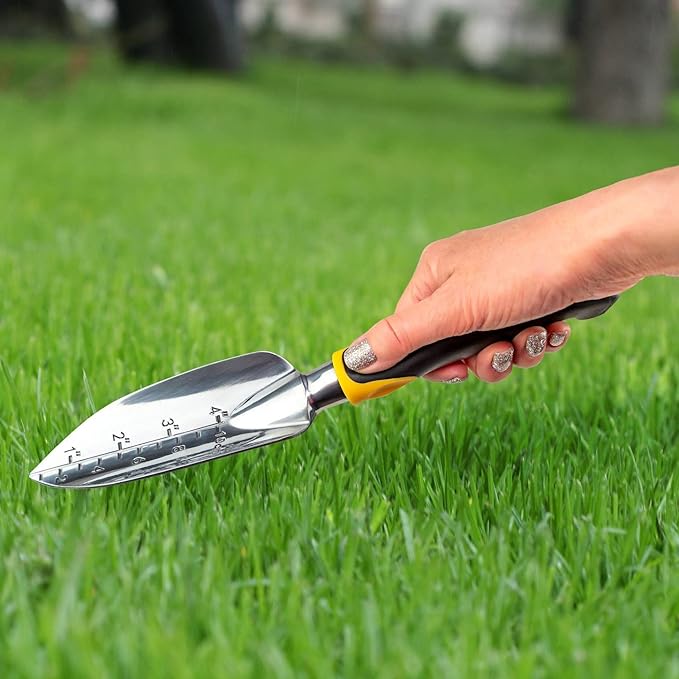 Gardenera 3PC Garden Tool Set with Soft Rubberized Non-Slip Handles - Hand Trowel, Transplant Trowel, Hand Rake in Polished Aluminum - Ideal for All Gardening Needs and The for Gardeners