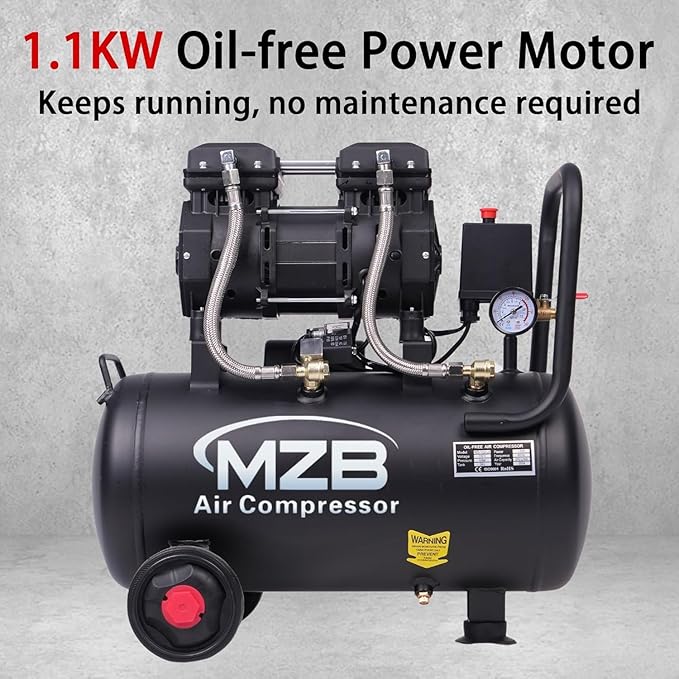 MZB 6.4 Gallon Ultra Quiet Air Compressor 110V/60Hz 1.5HP 7.41CFM MAX 115PSI Steel Tanks Oil-Free 70dB Noise Level Air Compressor with Wheels for Spray Painting, Auto Repair, Carpentry Decoration