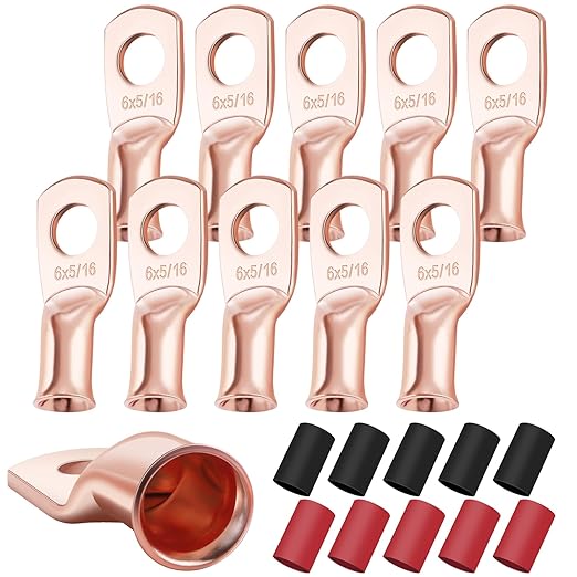 XHF 10PCS 6 AWG-5/16 Heavy Duty Battery Lugs with 3:1 Heat Shrink Tubing, Ring Terminals Battery Cable Ends Copper Eyelets Electrical Battery Connectors