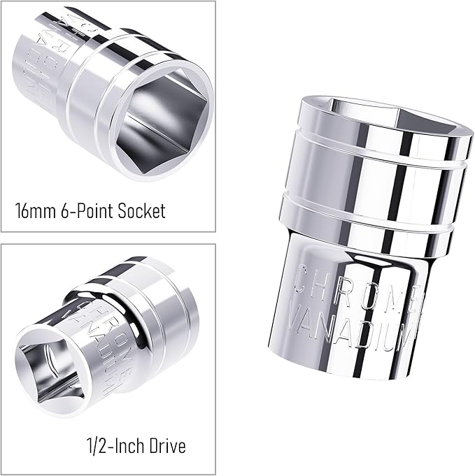 16mm Shallow Socket, 1/2 Inch Drive, 6-Point, Metric, Heat Treated CR-V Steel Short Sockets, Full Polishing, 1.5 Inch Length