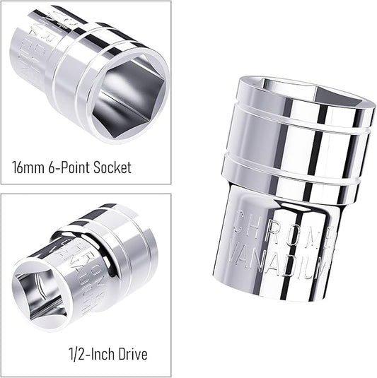 16mm Shallow Socket, 1/2 Inch Drive, 6-Point, Metric, Heat Treated CR-V Steel Short Sockets, Full Polishing, 1.5 Inch Length