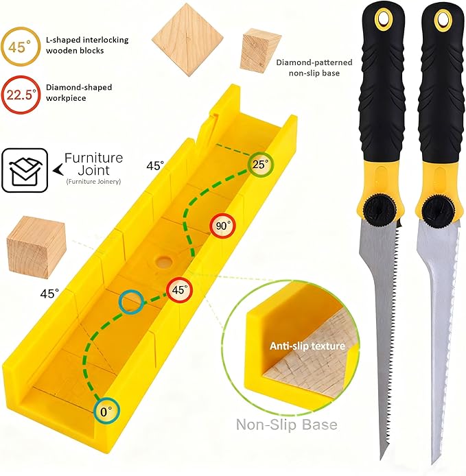 Miter Box and Saw Set, 0째, 22,5째, 45째, 90째Miter Box with Saw Included Japanese Hand Sa-w, Cut Beech Handle Wood Sa-w, Mini Hand Sa-w Model Tools Small Hobby (9,6/7,8 x 7,09/9,6IN)