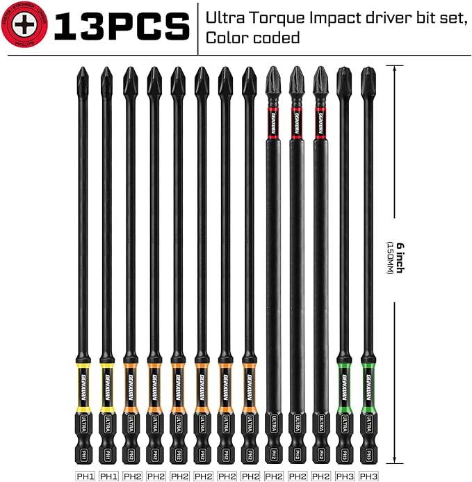 Double Impact #1#2#3 Phillipes Screwdriver Bits Set, 13pcs 6??(PH1/PH2/PH3) Magnetic D2 Steel Long Extension Driver Bits Set with Color Coded Base