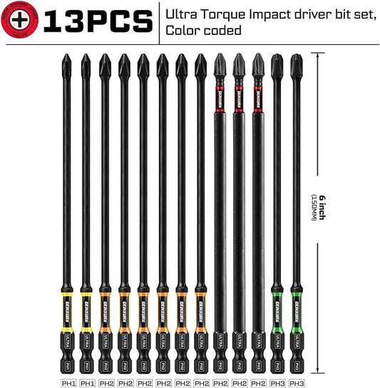 Double Impact #1#2#3 Phillipes Screwdriver Bits Set, 13pcs 6??(PH1/PH2/PH3) Magnetic D2 Steel Long Extension Driver Bits Set with Color Coded Base