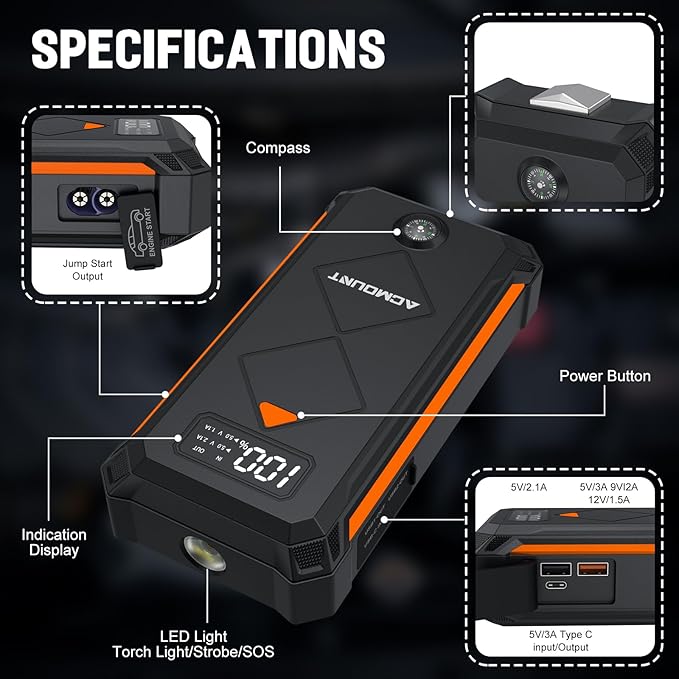 Acmount P110 Car Jump Starter, 5000A Peak Lithium Jump Starter Battery Pack for Up to 10.0L Gas or 8.0L Diesel Engine, Safe 12V Portable Battery Starter Power Pack with LED Screen & LED Light - Orange