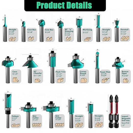 CSOOM 20PCS Router Bits Set, 1/2 Shank, with 2* Batch Head, Professional Wood Bits, Tungsten Carbide Milling Bits for Woodworking