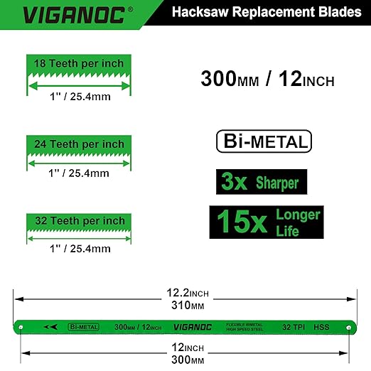 12" Hacksaw Replacement Blades Set, Bi-Metal High Speed Steel Hack Saw Blade Sets - 18T - 24T - 32T HSS Saw Blades, 3 Pack