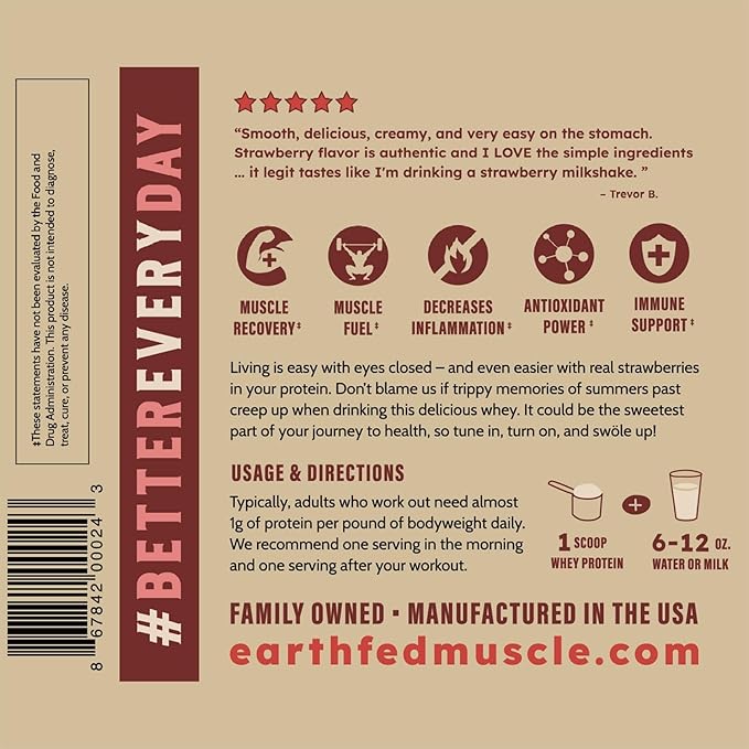 Earth Fed Muscle Strawberry?츴eels??Forever) ??Irish Truly Grass?멑ed Whey Protein Isolate, No Sugar, Soy?멑ree, Gluten?멑ree (2 lb, 29 Servings, Strawberry)