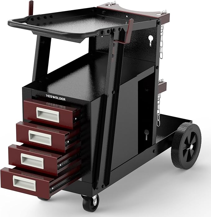 YESWELDER Welding Cart with 4 Drawers for MIG Welder TIG Welder and Plasma Cutter, Black&Red Version Heavy Duty Large Storage 360째 Rolling Welding Trolley