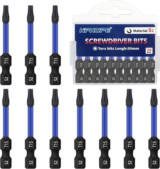 HPHOPE T15 Screwdriver Bit Set 10Pcs, Torx Bits T15, 1/4" Hexagon Bit, Length: 50mm