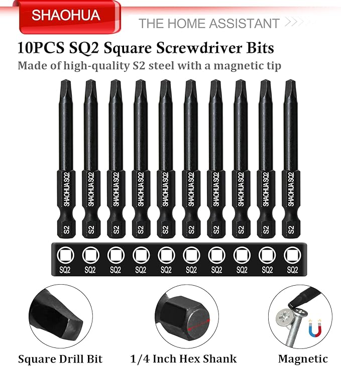10PCS SQ2 Square Screwdriver Bits, 2.3" Long Magnetic Heads Square Drive Bits, 1/4" Diameter Hex Head Square Allen Wrench Drill Bit Set for Repair Furniture