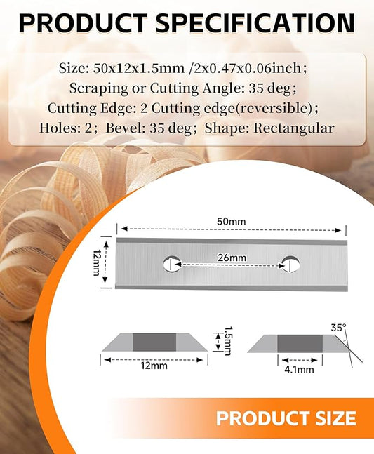 2" (50mm) Paint Scraper Carbide Blades, 10Pcs Double-Edged Reversible Replacement Tungsten Carbide Blades, Fit for Most Hand-Held Scrapers, for Paint, Glue and Concrete