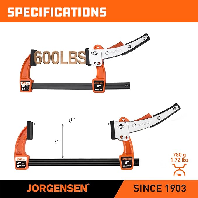 Jorgensen 8-inch Bar Clamp Set, Ratcheting Bar Clamp for Woodworking, Quick Release Gear Clamp with 600 lbs Load Limit - 2 Pack