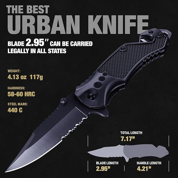 GOOD WORKER Legal Pocket Knife with 2.95??Serrated Blade, Glass Breaker, Seat Belt Cutter - EDC Sharp Folding Knives with Portable Clip - Small Tool for Tactical Camping Survival Hiking - Gifts for Men, Women