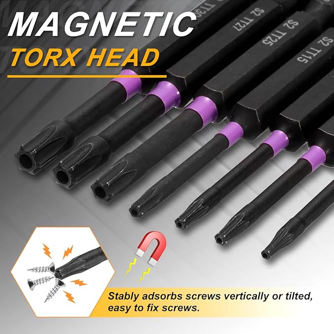 HARFINGTON 5pcs T40 Torx Head Impact Screwdriver Bits 1/4" Hex Shank 2.8" (70mm) Long Magnetic No Hole Tamper Proof 6 Point Star Screw Driver Drill Bits Phosphate S2 Steel Power Tools