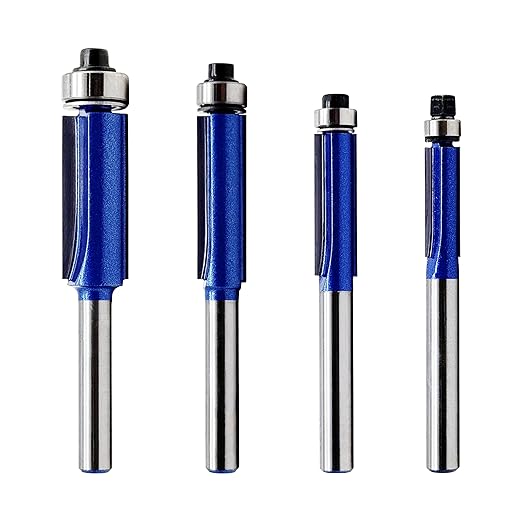 Flush Trim Router Bit Set，4 PCS – ¼″ Shank Top-Bearing Solid Carbide Router Bits for Wood, MDF, Chipboard & Plywood – Cutting Diameters ¼″ • 5⁄16″ • 3⁄8″ • ½″