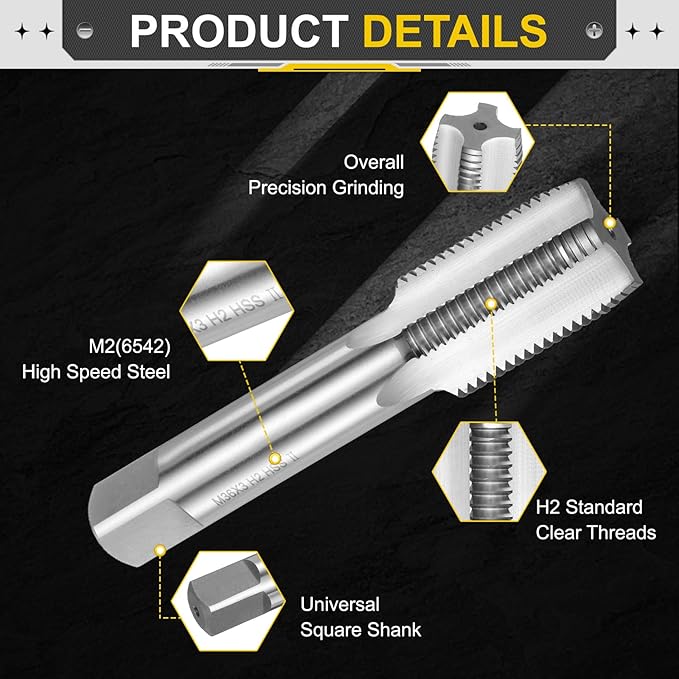 uxcell Hand Plug Tap M36 x 3 H2 Metric Thread Plug Style Taps Straight Flute Screw Tapping Threading Tool High Speed Steel HSS6542